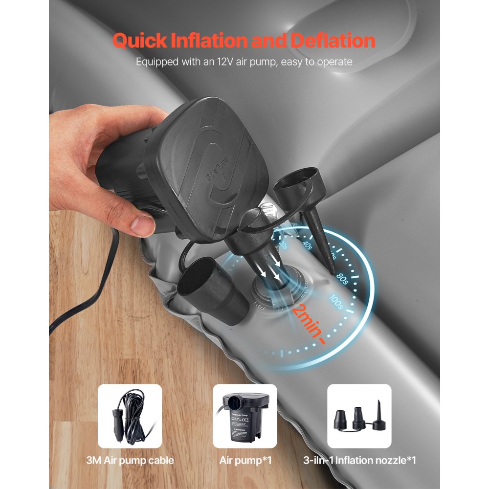 VEVOR Materasso ad Aria per Auto Floccato e Ispessito, Materasso Gonfiabile da Campeggio, Letto Dormire Portatile da Viaggio con Pompa dell'Aria, Ugello, Borsa Trasporto, Grigio