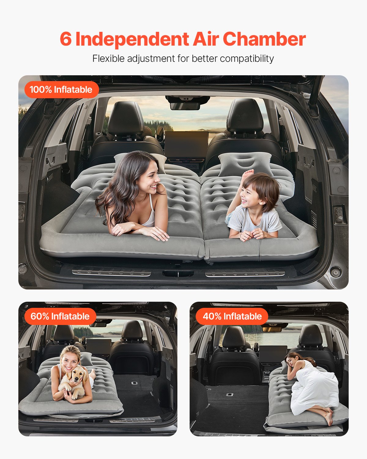 VEVOR Car Air Mattress Inflatable Camping Mattress Flocked & Thickened Travel Beds Portable Sleeping Mat with Air Pump & Nozzle & Carrying Bag, for Most SUVs MPVs and Sedans, Gray