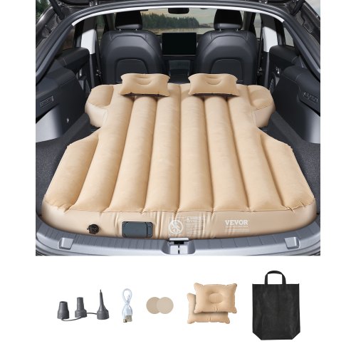 VEVOR Materasso Resistente ad Aria per Auto, Materasso Gonfiabile da Campeggio Floccato e Ispessito, Confortevole Letto da Dormire Portatile da Viaggio con Pompa dell'Aria, 2 Cuscini, Beige