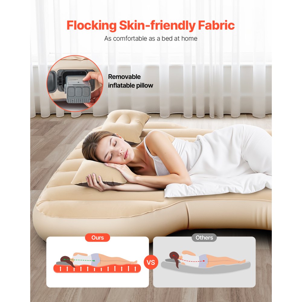 VEVOR Materasso Resistente ad Aria per Auto, Materasso Gonfiabile da Campeggio Floccato e Ispessito, Confortevole Letto da Dormire Portatile da Viaggio con Pompa dell'Aria, 2 Cuscini, Beige