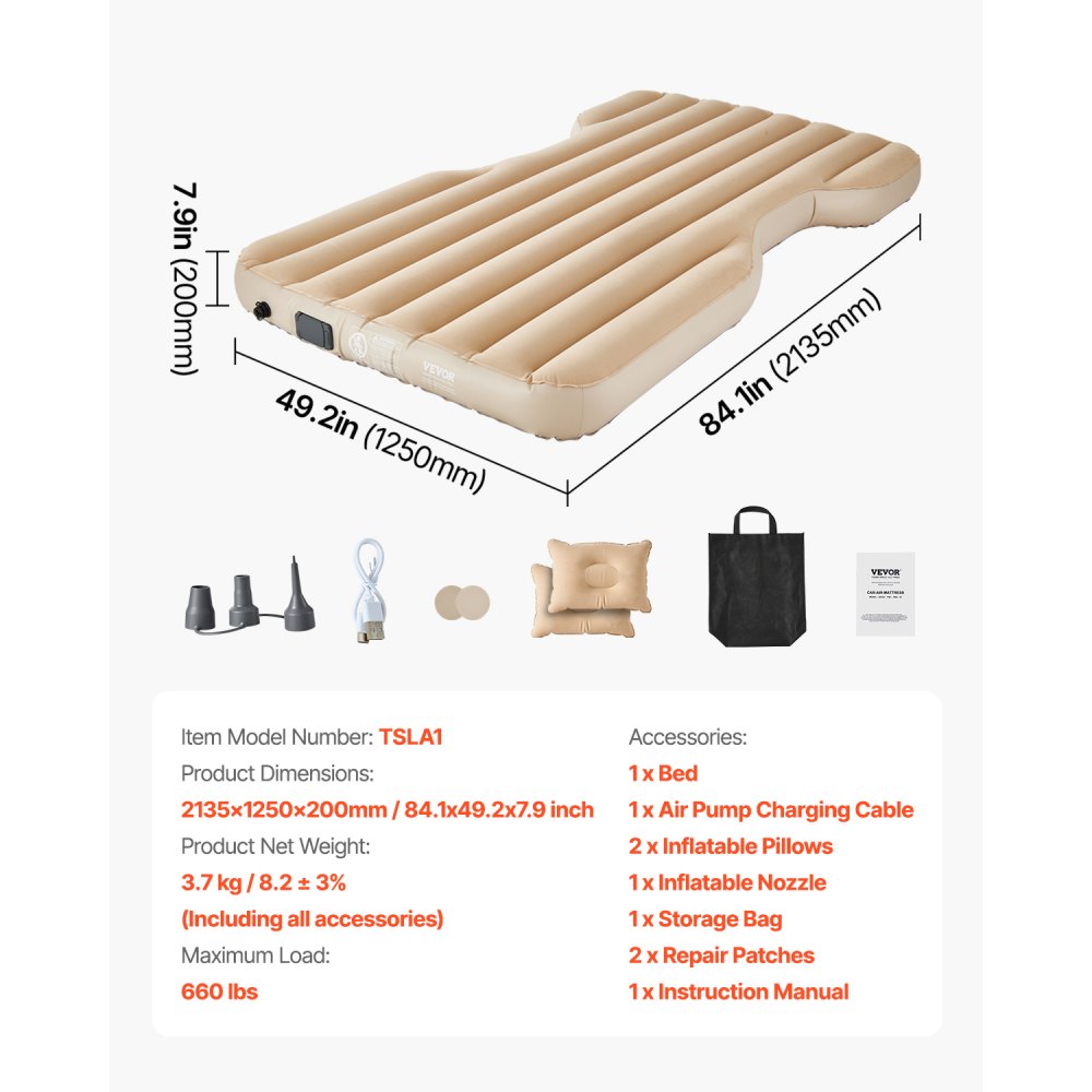 VEVOR Materasso Resistente ad Aria per Auto, Materasso Gonfiabile da Campeggio Floccato e Ispessito, Confortevole Letto da Dormire Portatile da Viaggio con Pompa dell'Aria, 2 Cuscini, Beige