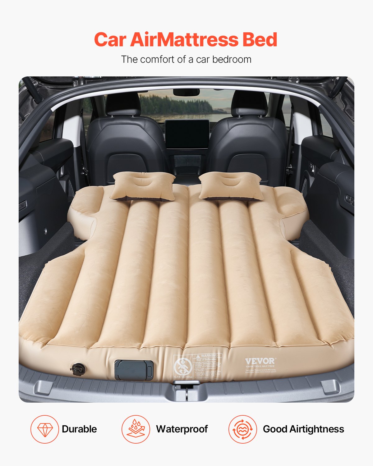VEVOR Materasso Resistente ad Aria per Auto, Materasso Gonfiabile da Campeggio Floccato e Ispessito, Confortevole Letto da Dormire Portatile da Viaggio con Pompa dell'Aria, 2 Cuscini, Beige