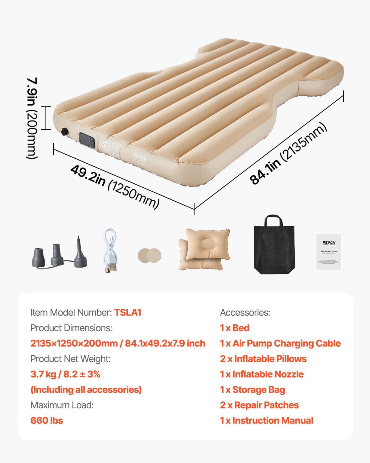 VEVOR Materasso Resistente ad Aria per Auto, Materasso Gonfiabile da Campeggio Floccato e Ispessito, Confortevole Letto da Dormire Portatile da Viaggio con Pompa dell'Aria, 2 Cuscini, Beige