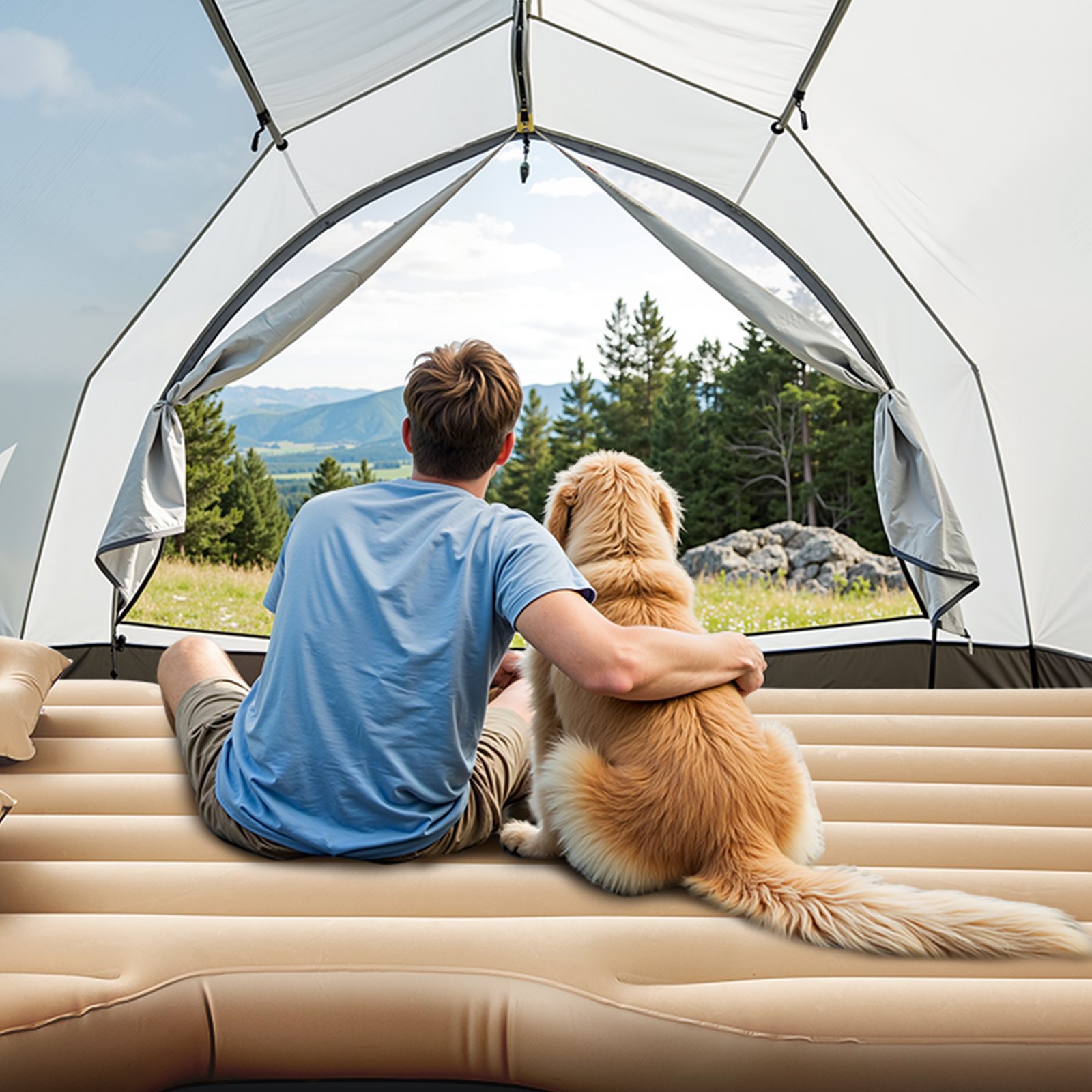 VEVOR Materasso Resistente ad Aria per Auto, Materasso Gonfiabile da Campeggio Floccato e Ispessito, Confortevole Letto da Dormire Portatile da Viaggio con Pompa dell'Aria, 2 Cuscini, Beige