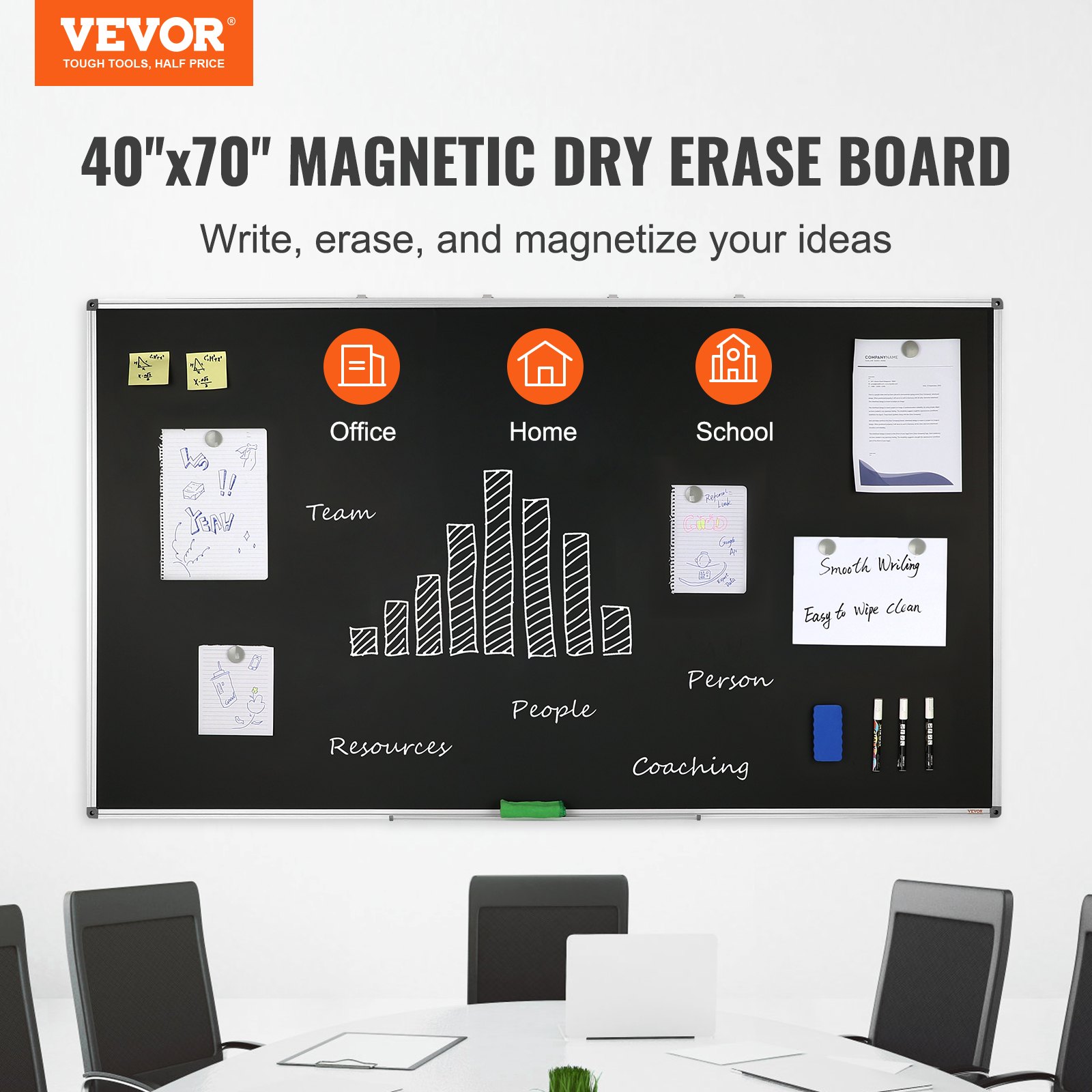 VEVOR Blackboard, Chalkboard with Aluminum Frame, 175 x 100 cm Dry Erasable Board, including 1 Magnetic Erasable & 3 Dry Erasable Markers, Black Surface