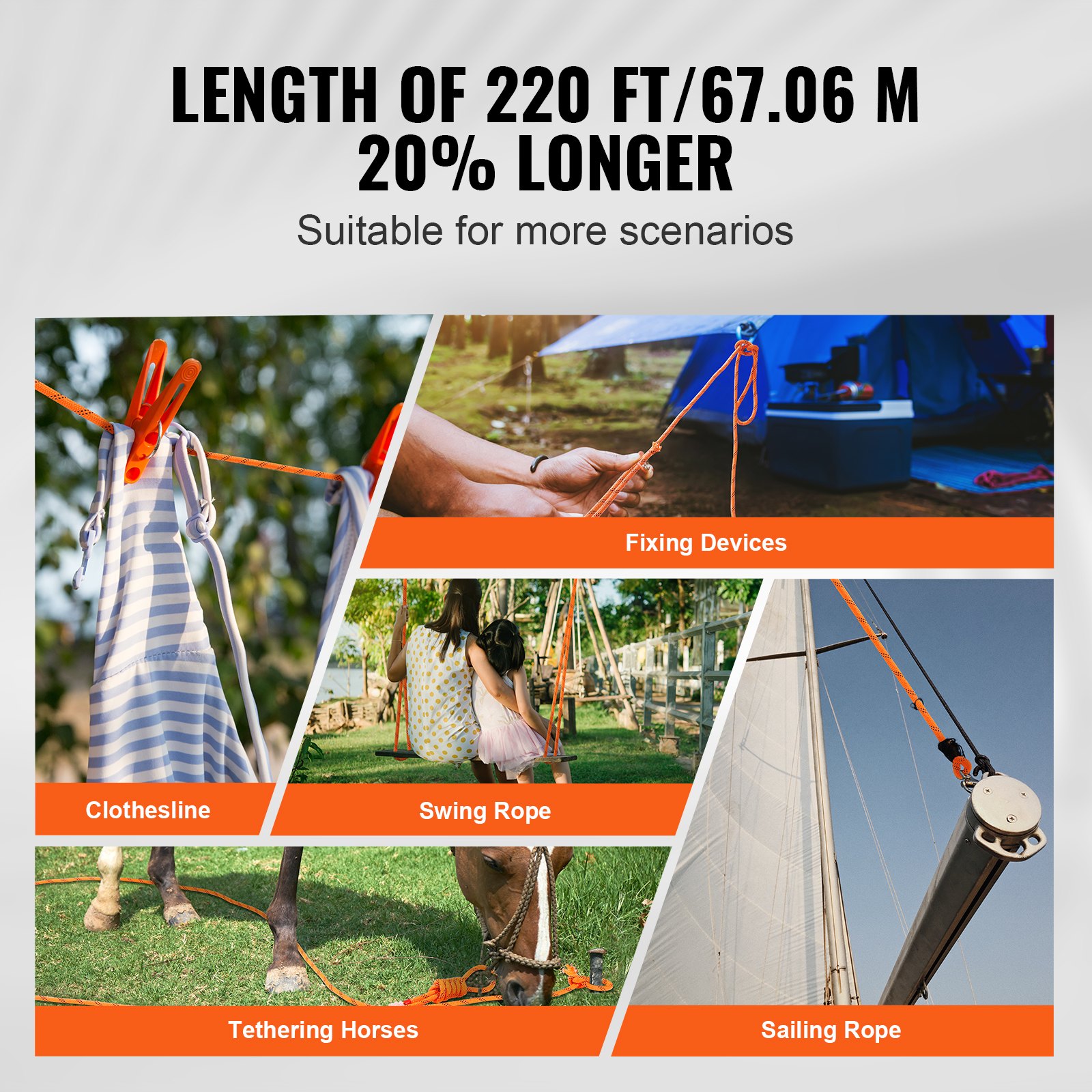 VEVOR Corda in Poliestere Doppia Intrecciata 19 mm x 67.06 m Corda per Arrampicata all'Aperto 24 Trefoli 88.96 kN di Resistenza alla Rottura, Escursionismo, Campeggio, Salvataggio, Arancione/Nero
