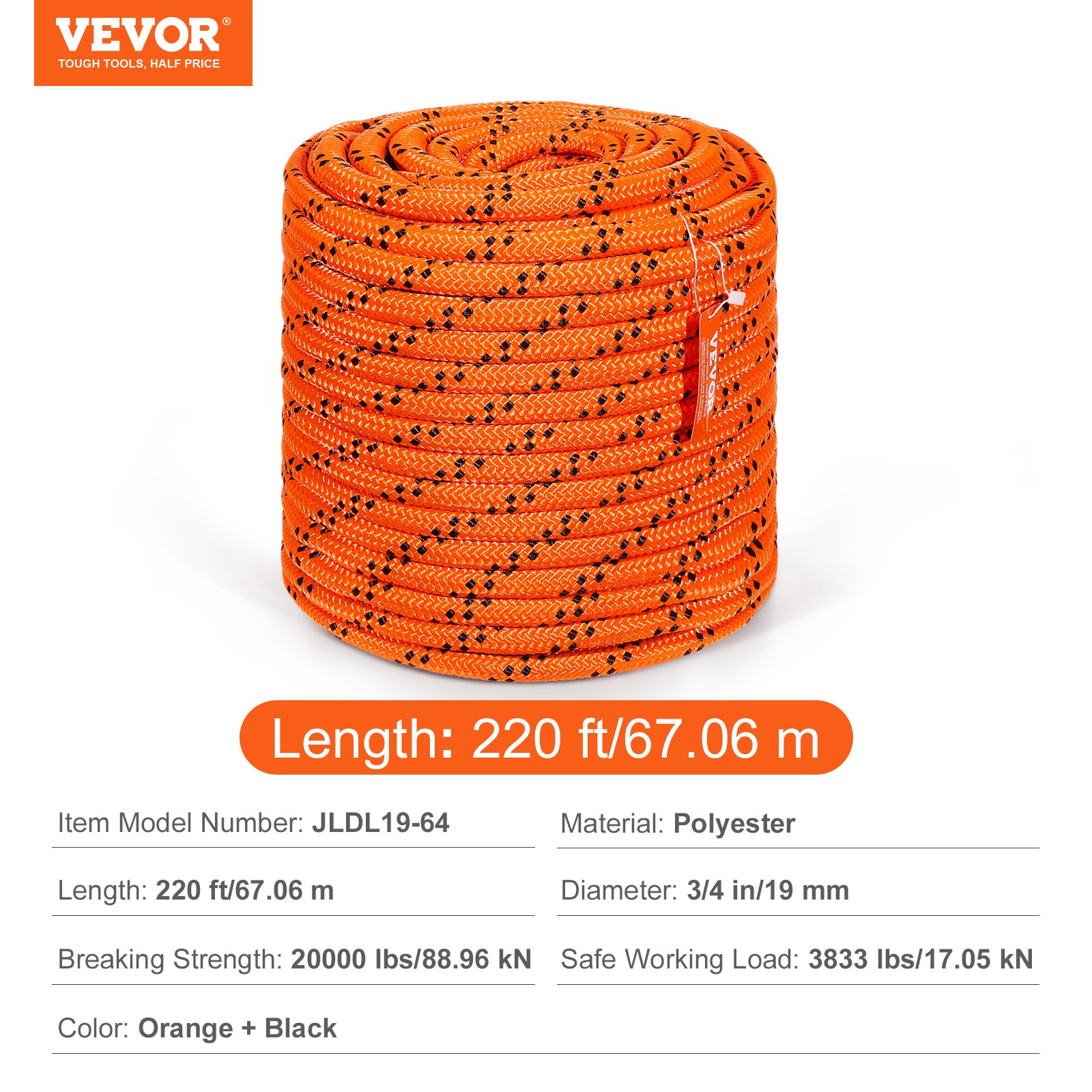 VEVOR Corda in Poliestere Doppia Intrecciata 19 mm x 67.06 m Corda per Arrampicata all'Aperto 24 Trefoli 88.96 kN di Resistenza alla Rottura, Escursionismo, Campeggio, Salvataggio, Arancione/Nero