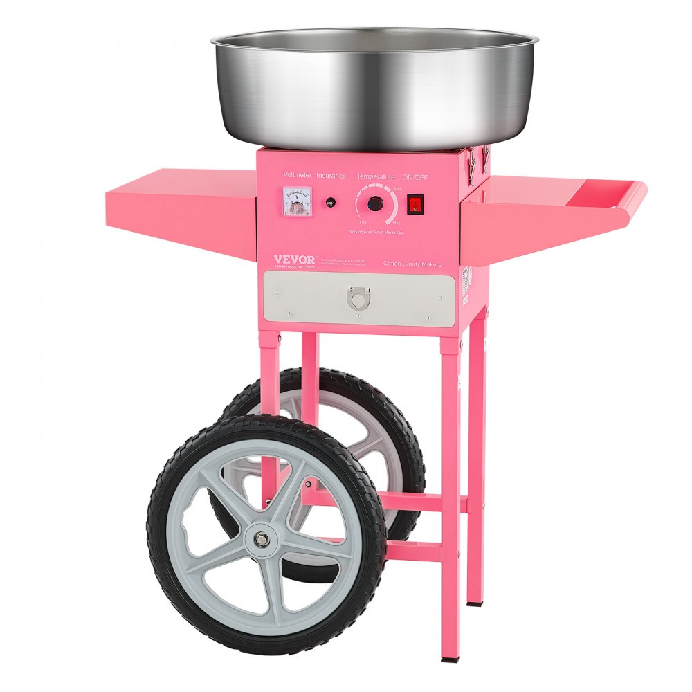 VEVOR Electric Cotton Candy Machine, Commercial Cotton Candy Equipment with Cart (1000 W) with 52 cm Stainless Steel Bowl, Sugar Scoop & Drawer, Perfect for Children's Birthdays and Family Parties, Pink