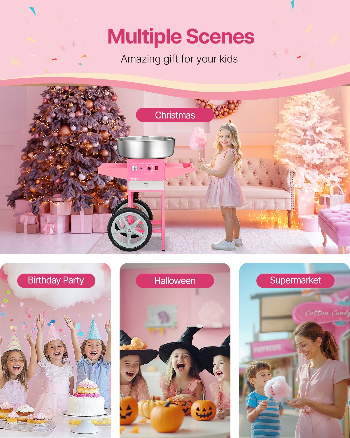VEVOR Electric Cotton Candy Machine, Commercial Cotton Candy Equipment with Cart (1000 W) with 52 cm Stainless Steel Bowl, Sugar Scoop & Drawer, Perfect for Children's Birthdays and Family Parties, Pink