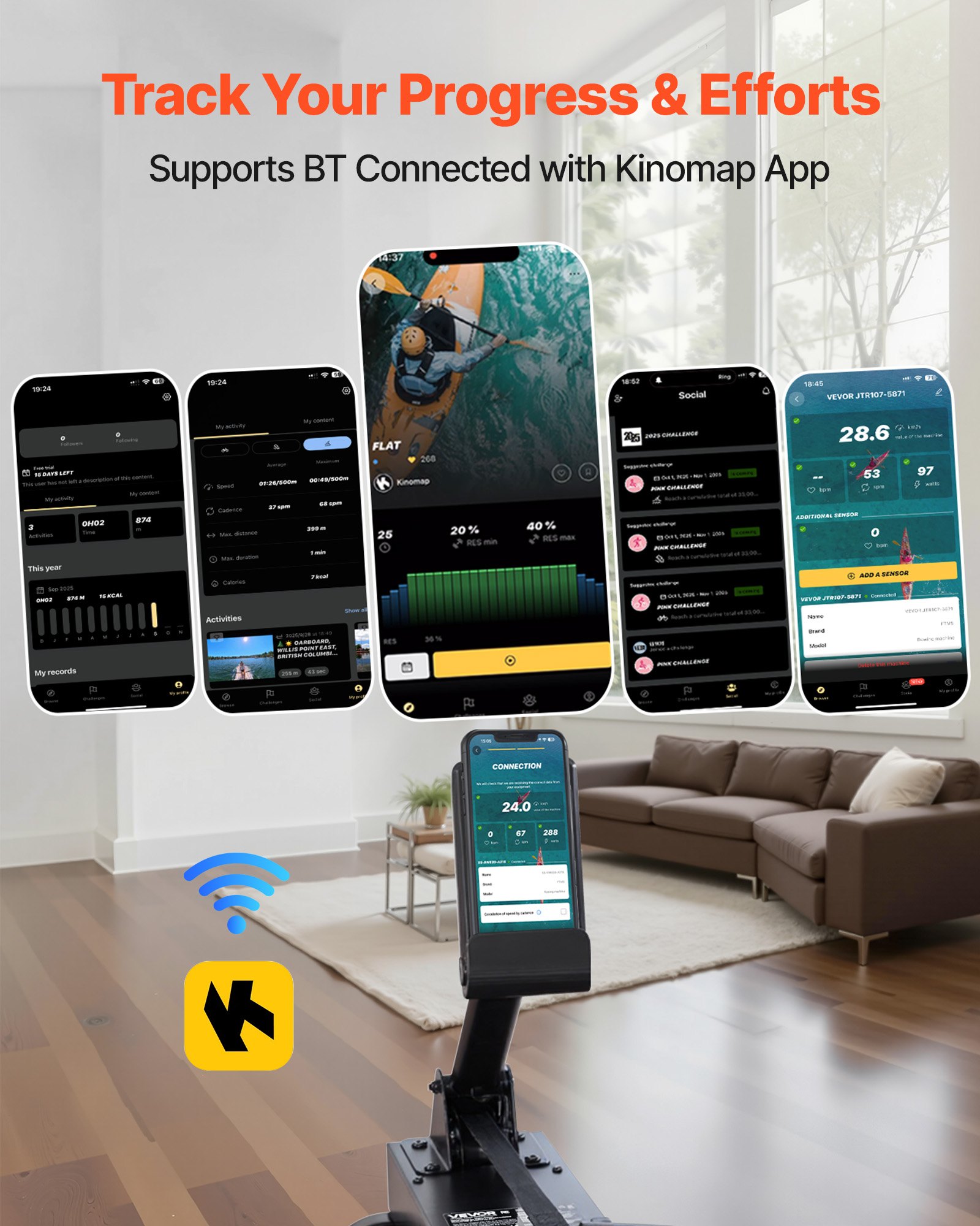 VEVOR Vogatore per Casa Vogatore ad Acqua Resistenza Silenziosa a 6 Livelli Vogatore Pieghevole in Legno con Serbatoio Acqua Carico158 kg, Compatibile con App Bluetooth per la Casa, 4 Ruote