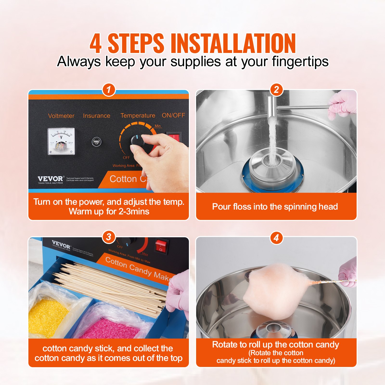 VEVOR Macchina per Zucchero Filato con Carrello, Macchina per Zucchero Filato Commerciale 1000 W con Coperchio, Ciotola in Acciaio Inox, blu, Feste, Evento, Carnevale, Compleanno, Attività Esterna