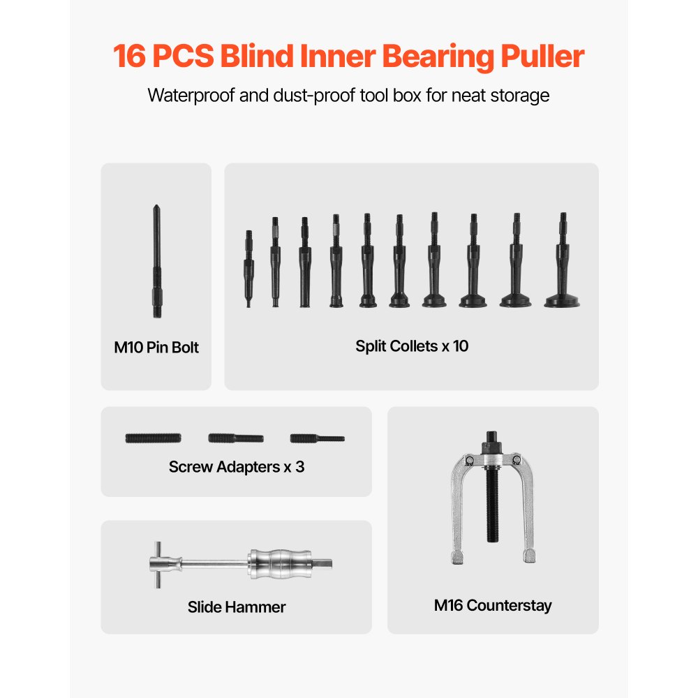 VEVOR Blind Hole Bearing Puller Set, 16-in-1 Inner Bearing Race and Seal Extractor Kit, 16 PCS Slide Hammer Pilot Insert Inner Internal Bearing Removal Tool Set with 10 Split Collets and Counterstay