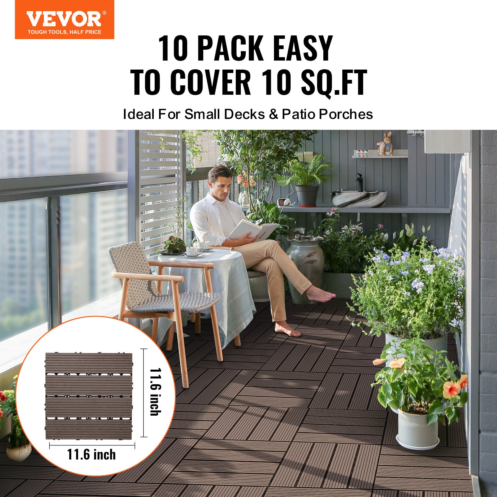 VEVOR Piastrelle per Terrazza ad Incastro in Legno Plastica, 10 Pezzi 300 x 300 x 20 mm 9,2 m², Impermeabili per Esterni Tutte Stagioni, per Portico, Bordo Piscina, Balcone, Cortile, Marrone Scuro