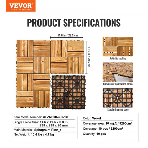 VEVOR Piastrelle Per Patio A Incastro 10 Pezzi, 300x300x20 Mm, In Plastica PP Impermeabile, Effetto Legno Marrone Scuro, Antiscivolo, Carico 440 Lbs, Per Esterni, Piscina, Cortile
