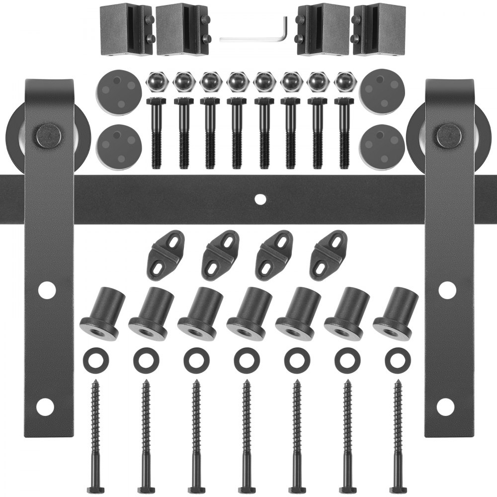 Componenti del kit di ferramenta per porte scorrevoli VEVOR, comprese viti e staffe.