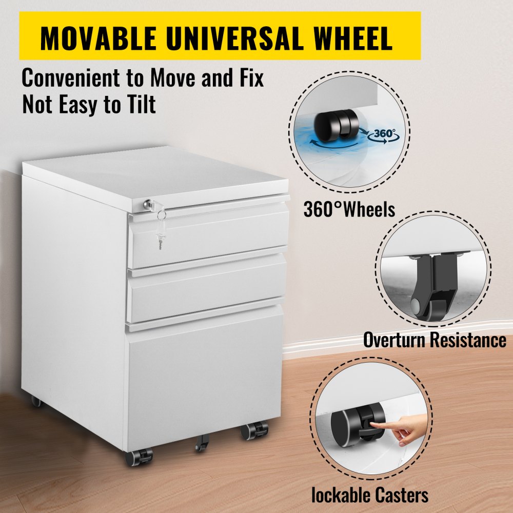 VEVOR Cassettiera da Ufficio con Rotelle，500x400mm Cassettiera Tre Cassetti，Schedario con Tre Cassetti in Materiale SPCC, Mobiletto con Ruote per Documenti e Cancelleria, con 3 Cassetti, Colore Bianco