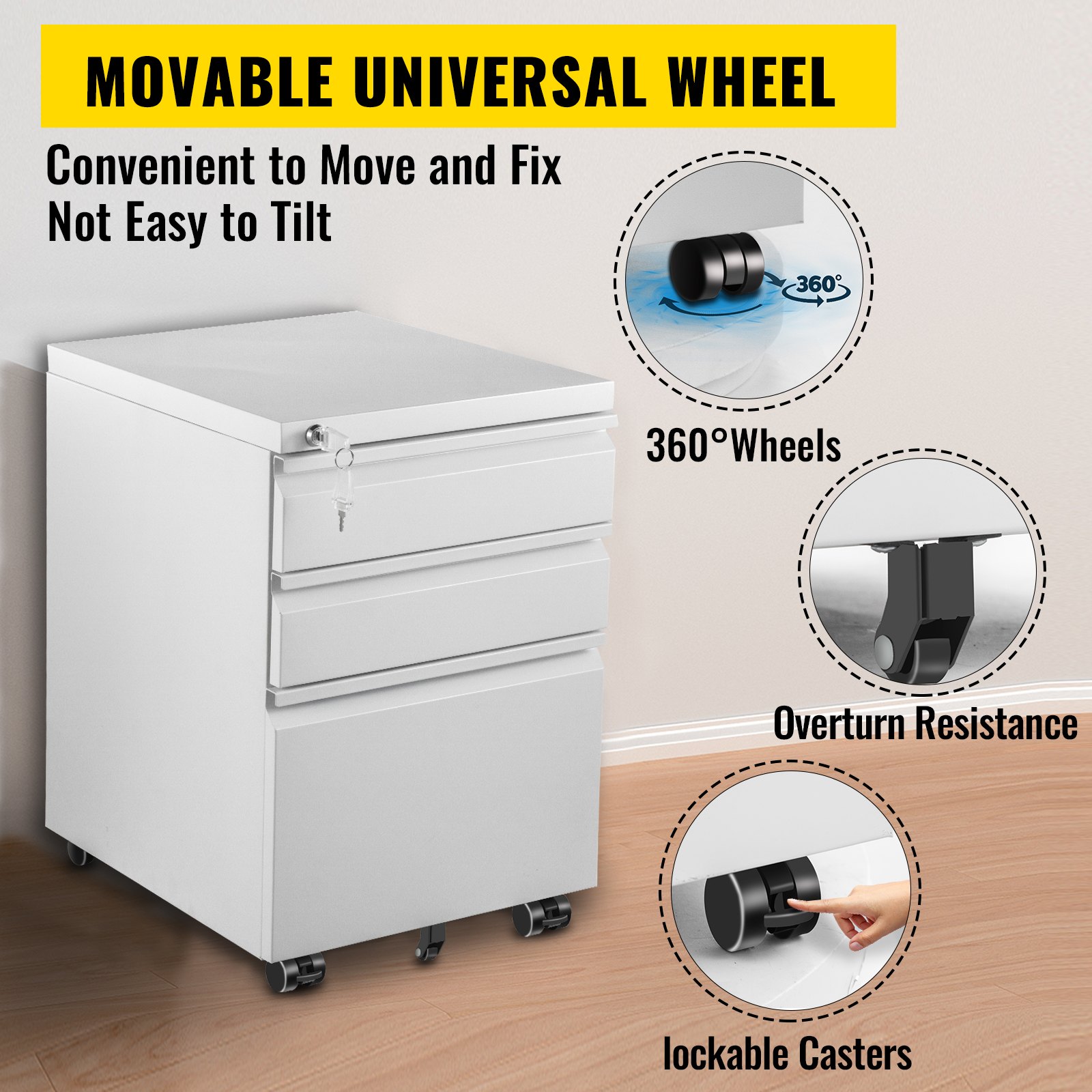 VEVOR Cassettiera da Ufficio con Rotelle，500x400mm Cassettiera Tre Cassetti，Schedario con Tre Cassetti in Materiale SPCC, Mobiletto con Ruote per Documenti e Cancelleria, con 3 Cassetti, Colore Bianco