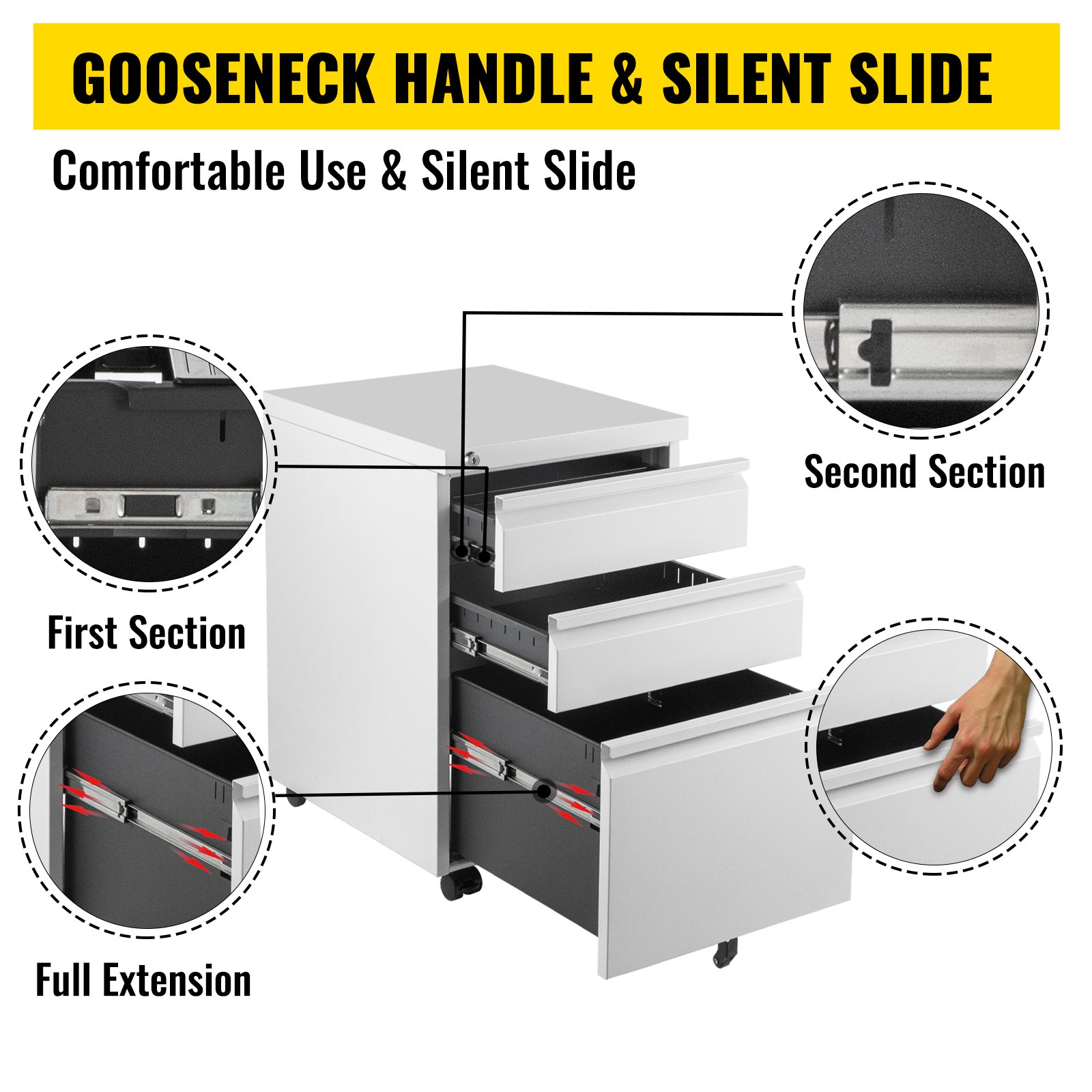 VEVOR Cassettiera da Ufficio con Rotelle，500x400mm Cassettiera Tre Cassetti，Schedario con Tre Cassetti in Materiale SPCC, Mobiletto con Ruote per Documenti e Cancelleria, con 3 Cassetti, Colore Bianco