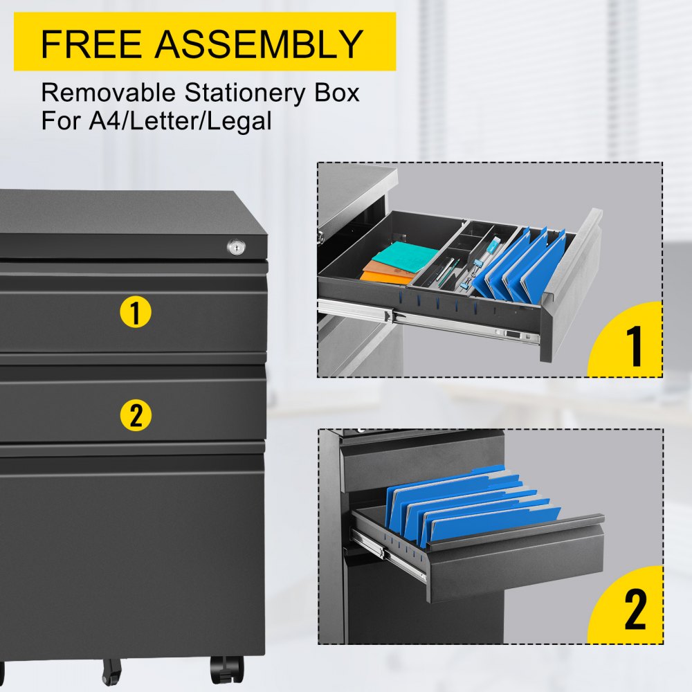 VEVOR Cassettiera da Ufficio con Rotelle, 500x400mm Cassettiera Tre Cassetti, Schedario con Tre Cassetti in Materiale SPCC, Mobiletto con Ruote per Documenti e Cancelleria, con 3 Cassetti, Colore Nero