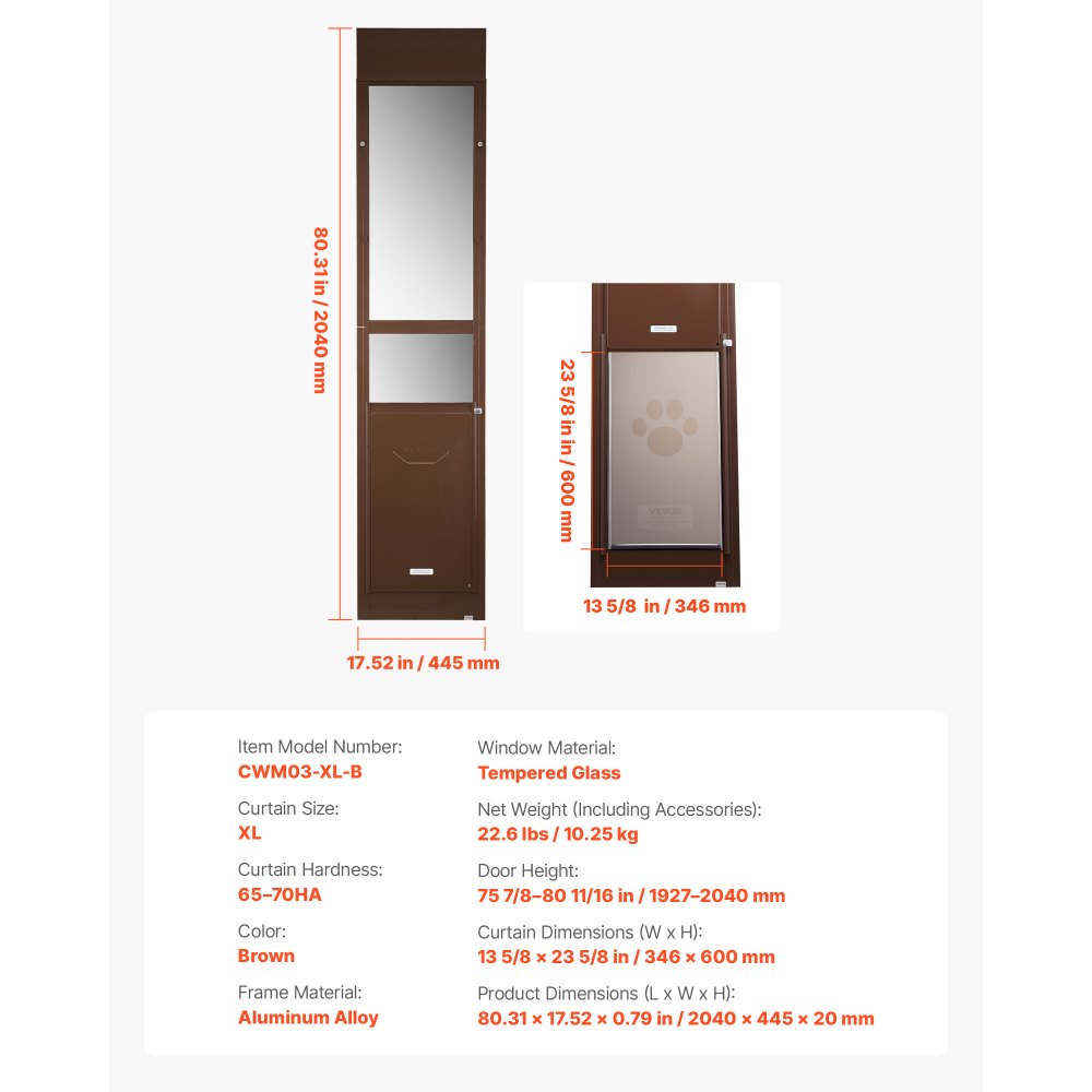 VEVOR Porta Scorrevole per Animali Domestici, Altezza Regolabile da 1927 a 2040 mm, Telaio in Lega di Alluminio con Cerniere Girevoli e Design con Serratura, Sportello per Cani XL Marrone