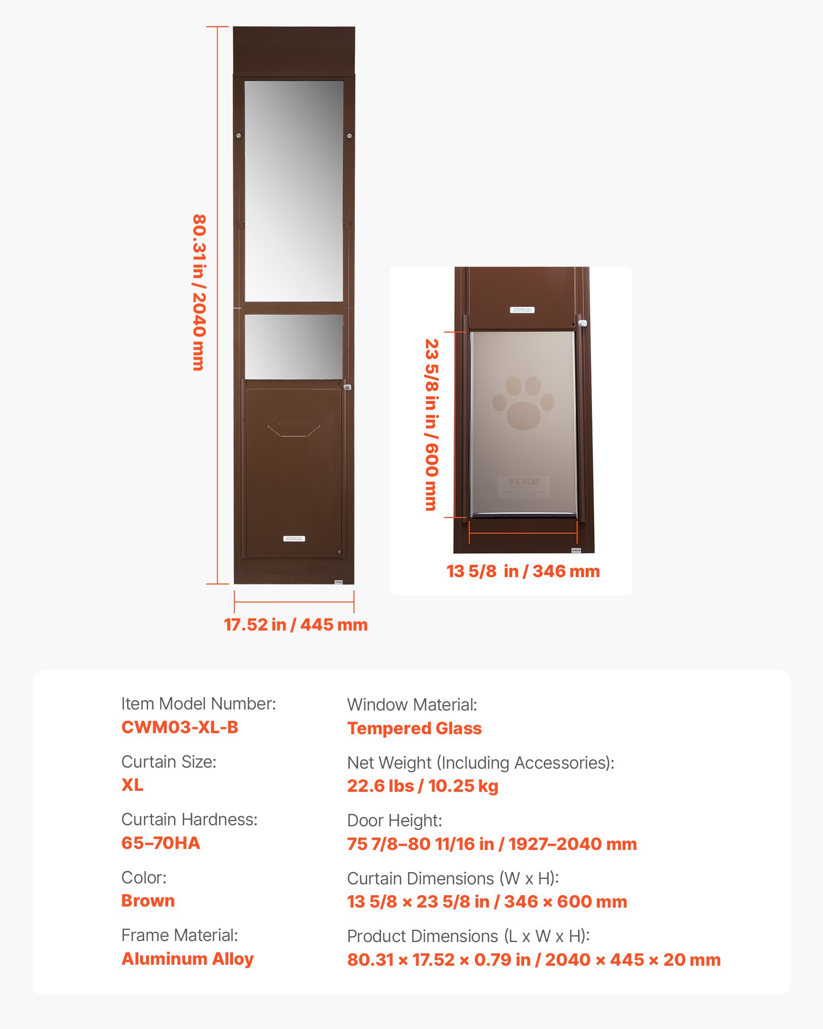 VEVOR Porta Scorrevole per Animali Domestici, Altezza Regolabile da 1927 a 2040 mm, Telaio in Lega di Alluminio con Cerniere Girevoli e Design con Serratura, Sportello per Cani XL Marrone