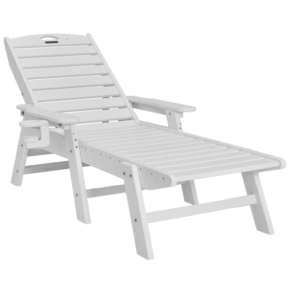 VEVOR Chaise Lounge Chair, 181 kg Weight Capacity, 6 Positions Adjustable Patio Lounge Chair, Outdoor HDPE Lounge Chair with Backrest & Cup Holder, for Pool Poolside Deck Backyard Lawn, White