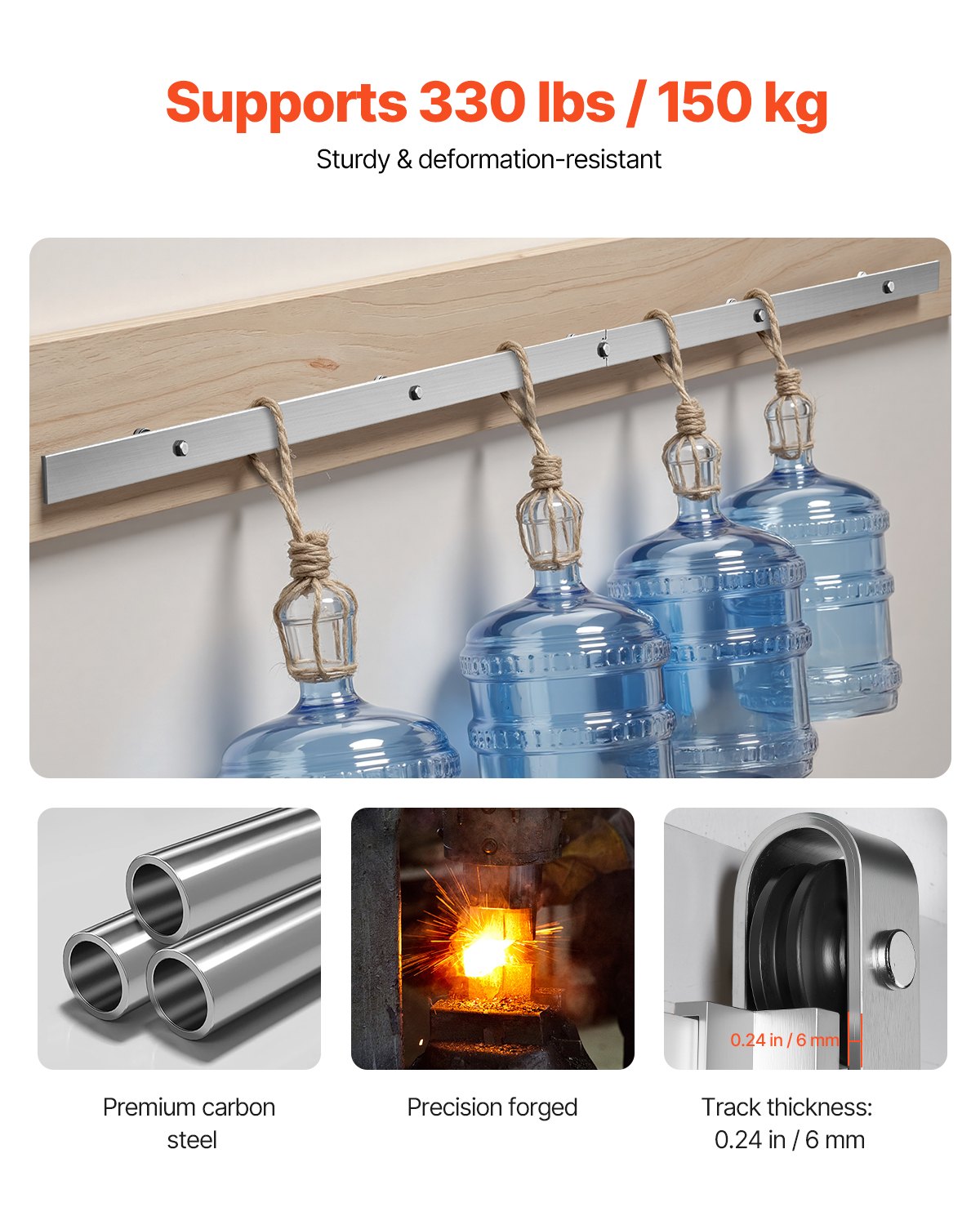 VEVOR Kit Ferramenta per Porta Scorrevole da Fienile 1828 mm, Capacità 150 kg, Compatibile con Larghezza 914 mm e Spessore 34,9-44,45 mm, Binario Resistente Rullo a Forma J, Argento