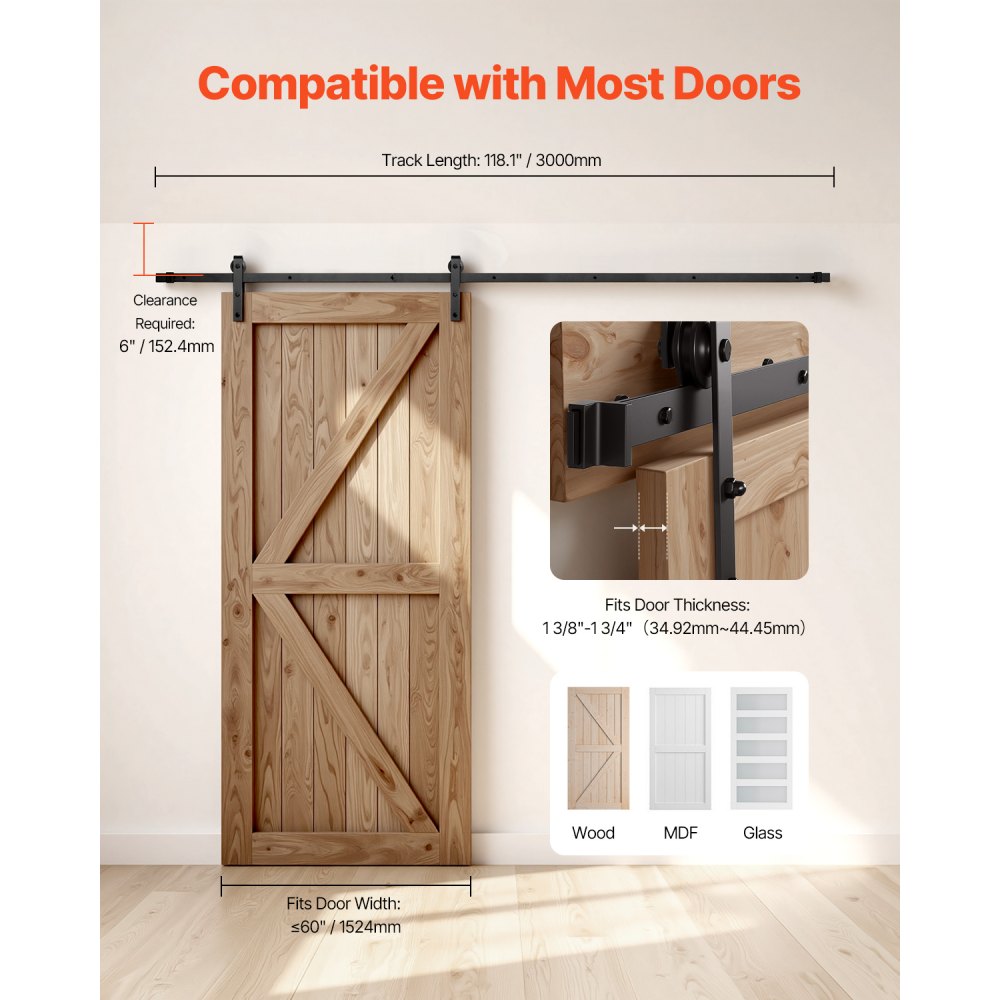 VEVOR Kit Ferramenta per Porta Scorrevole da Fienile 3048 mm, Capacità 150 kg, Compatibile con Larghezza max. 1524 mm e Spessore da 34,9 a 44,45 mm, Binario Resistente e Rullo a Forma J, Nero
