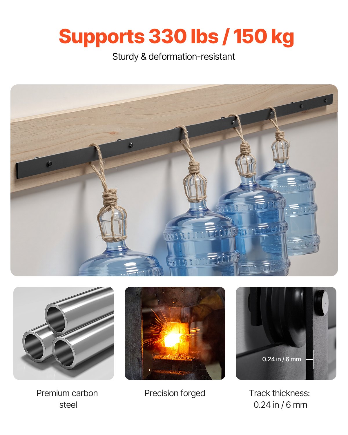 VEVOR 3m Sliding Door System Hardware for Single Sliding Doors, 150kg, Compatible with a Maximum Width of 1524mm & a Thickness of 1-3/8 to 1-3/4 Inch, Rail & J-Shaped Roller, Black