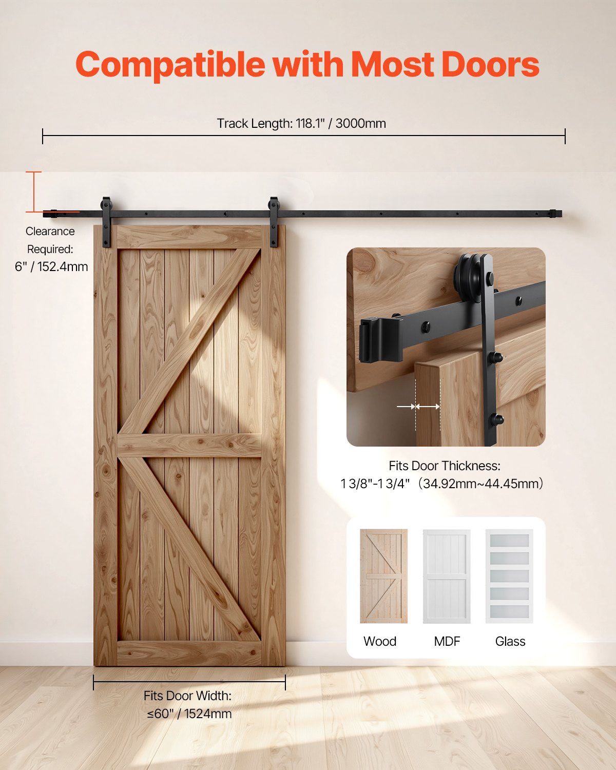 VEVOR sliding door system 3 m, sliding door hardware load capacity 150 kg, compatible with a maximum width of 1524 mm and a thickness of 34.92 mm to 44.45 mm, I-shaped roller, black