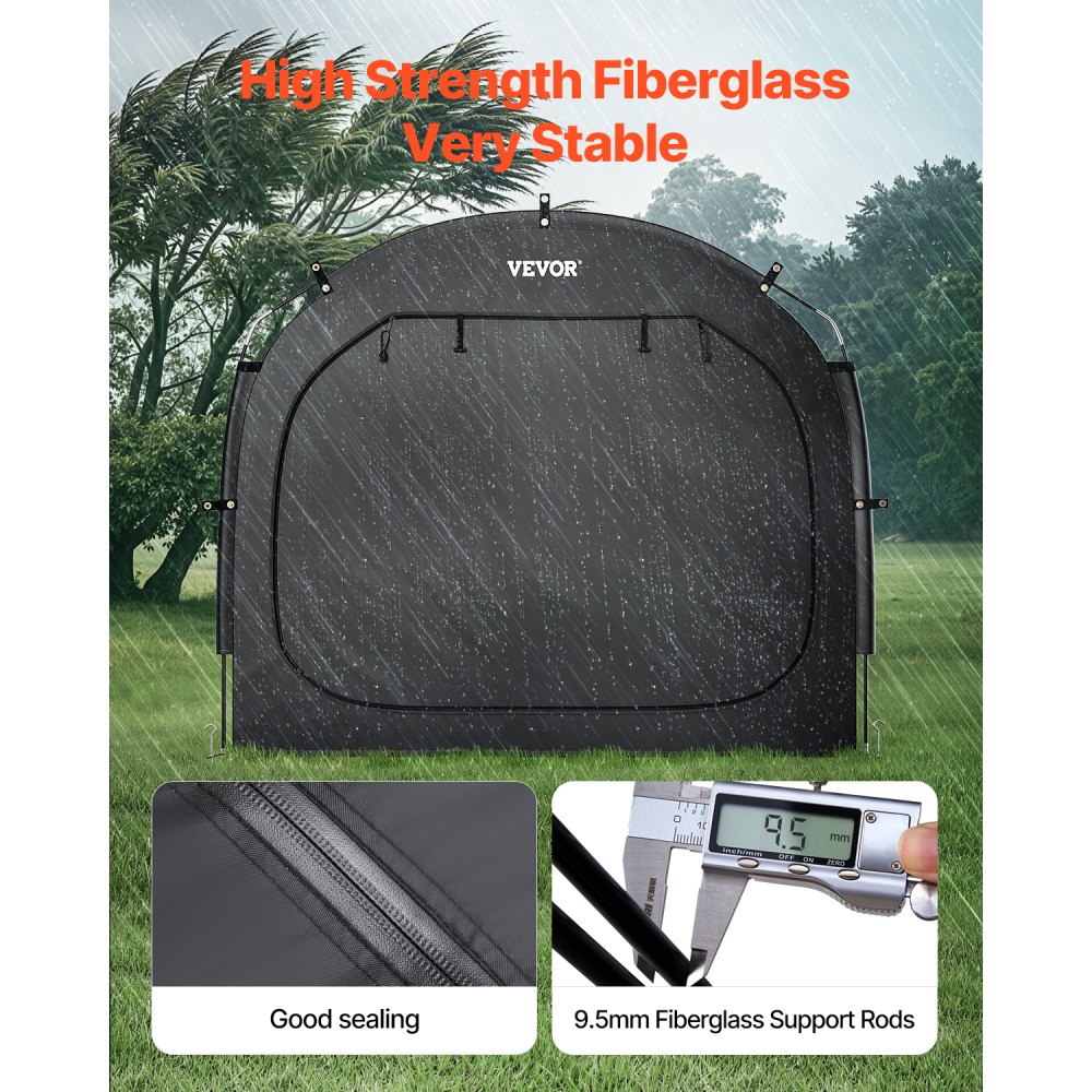 VEVOR Spaziosa Tenda per Riporre le Bici all'Aperto con Finestra Ventilata, Tenda Impermeabile Arco Superiore con Fibra di Vetro e Doppie Cerniere Nero da 3 a 4 Bici 2030 x 1220 x 1690 mm