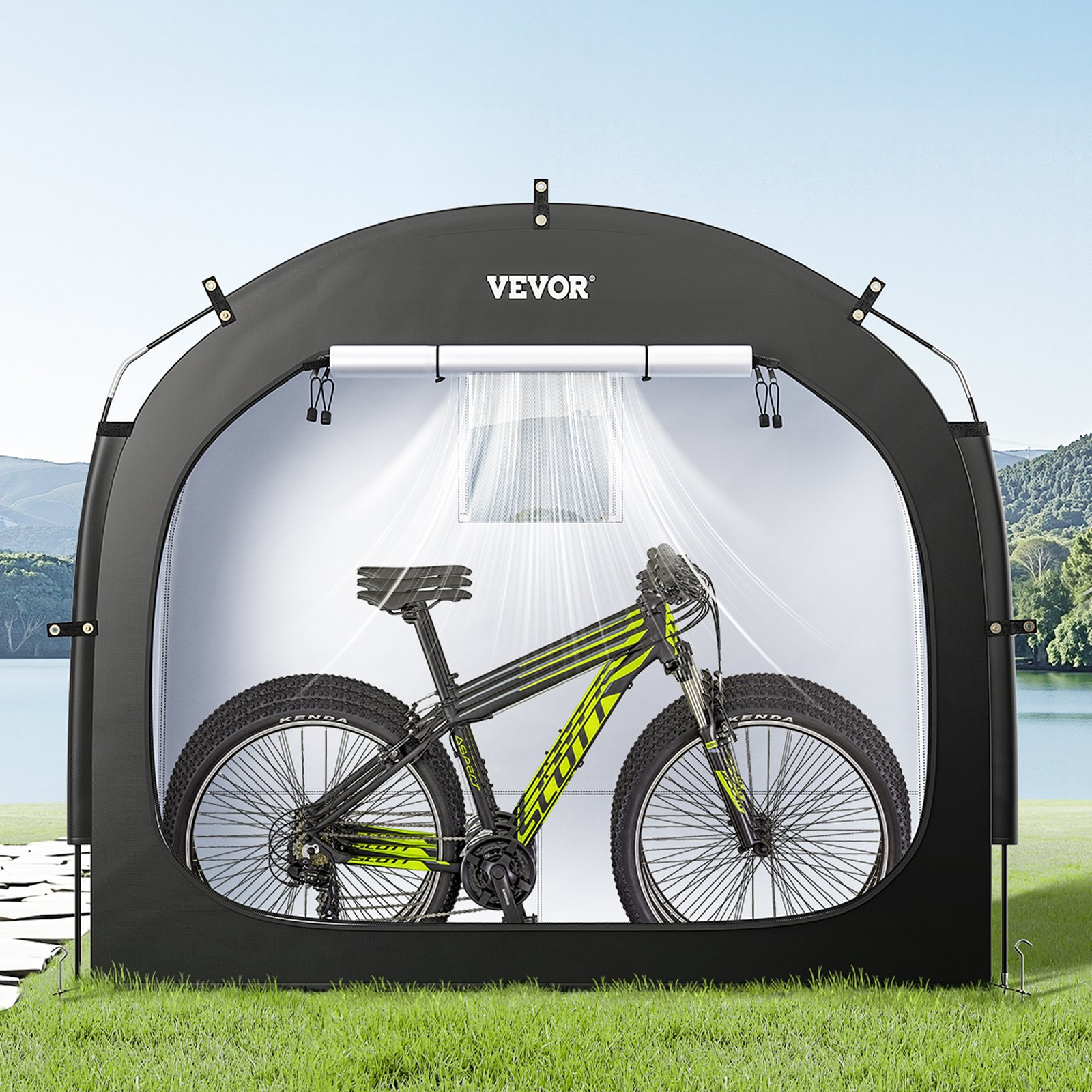 VEVOR Spaziosa Tenda per Riporre le Bici all'Aperto con Finestra Ventilata, Tenda Impermeabile Arco Superiore con Fibra di Vetro e Doppie Cerniere Nero da 3 a 4 Bici 2030 x 1220 x 1690 mm