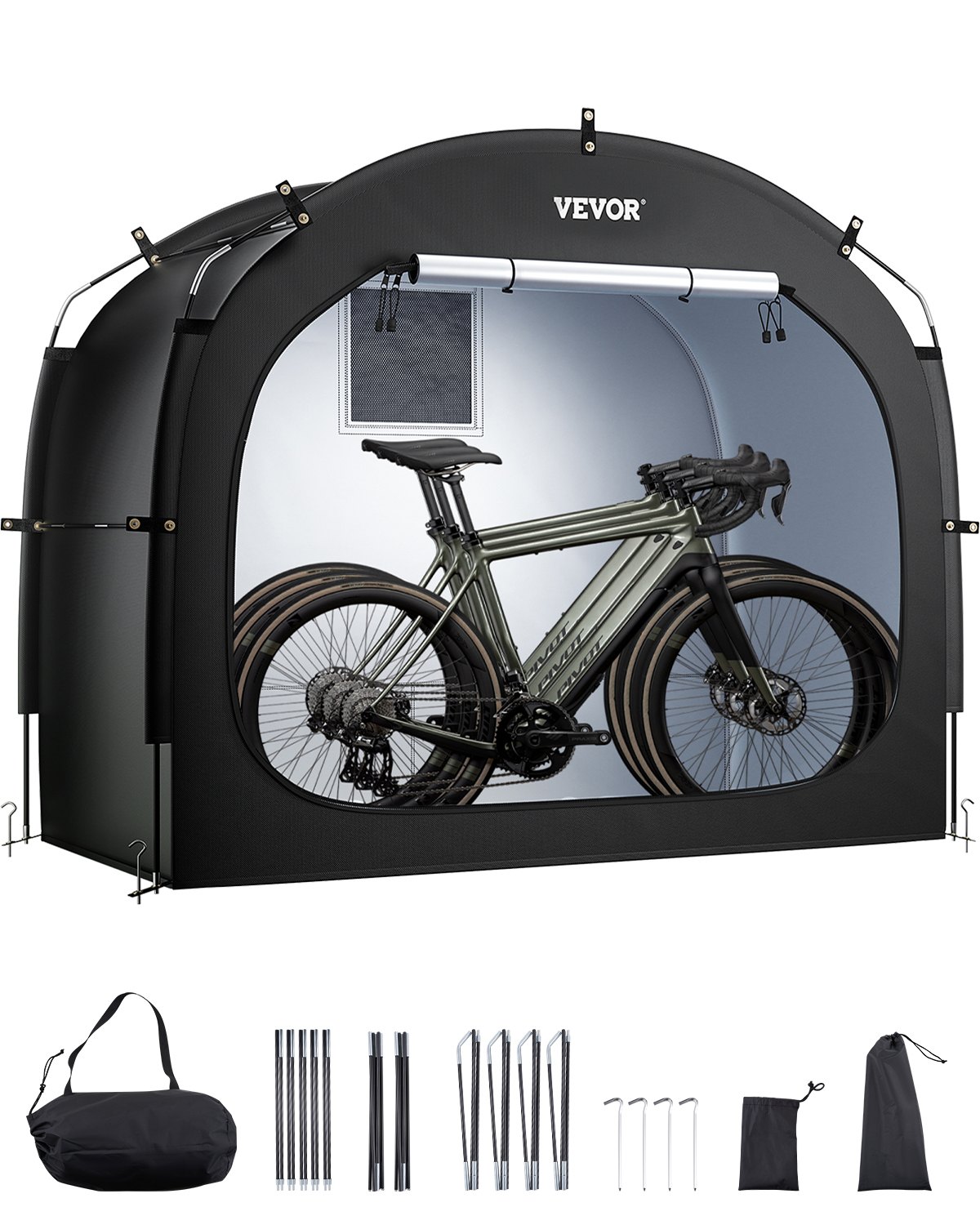 VEVOR Spaziosa Tenda per Riporre le Bici all'Aperto con Finestra Ventilata, Tenda Impermeabile Arco Superiore con Fibra di Vetro e Doppie Cerniere Nero da 3 a 4 Bici 2030 x 1220 x 1690 mm