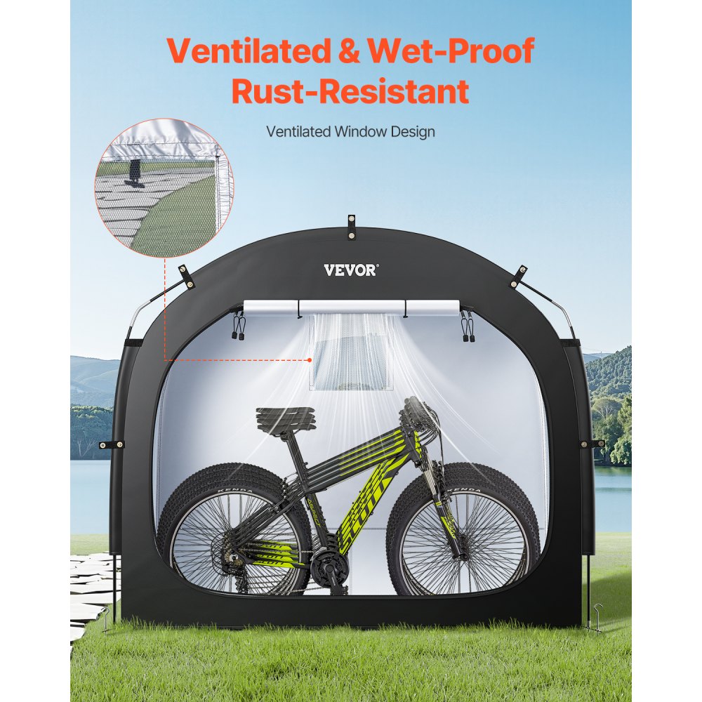 VEVOR Spaziosa Tenda per Riporre le Bici all'Aperto con Finestra Ventilata, Tenda Impermeabile Arco Superiore con Fibra di Vetro e Doppie Cerniere Nero da 4 a 5 Bici 2260 x 1510 x 1970 mm