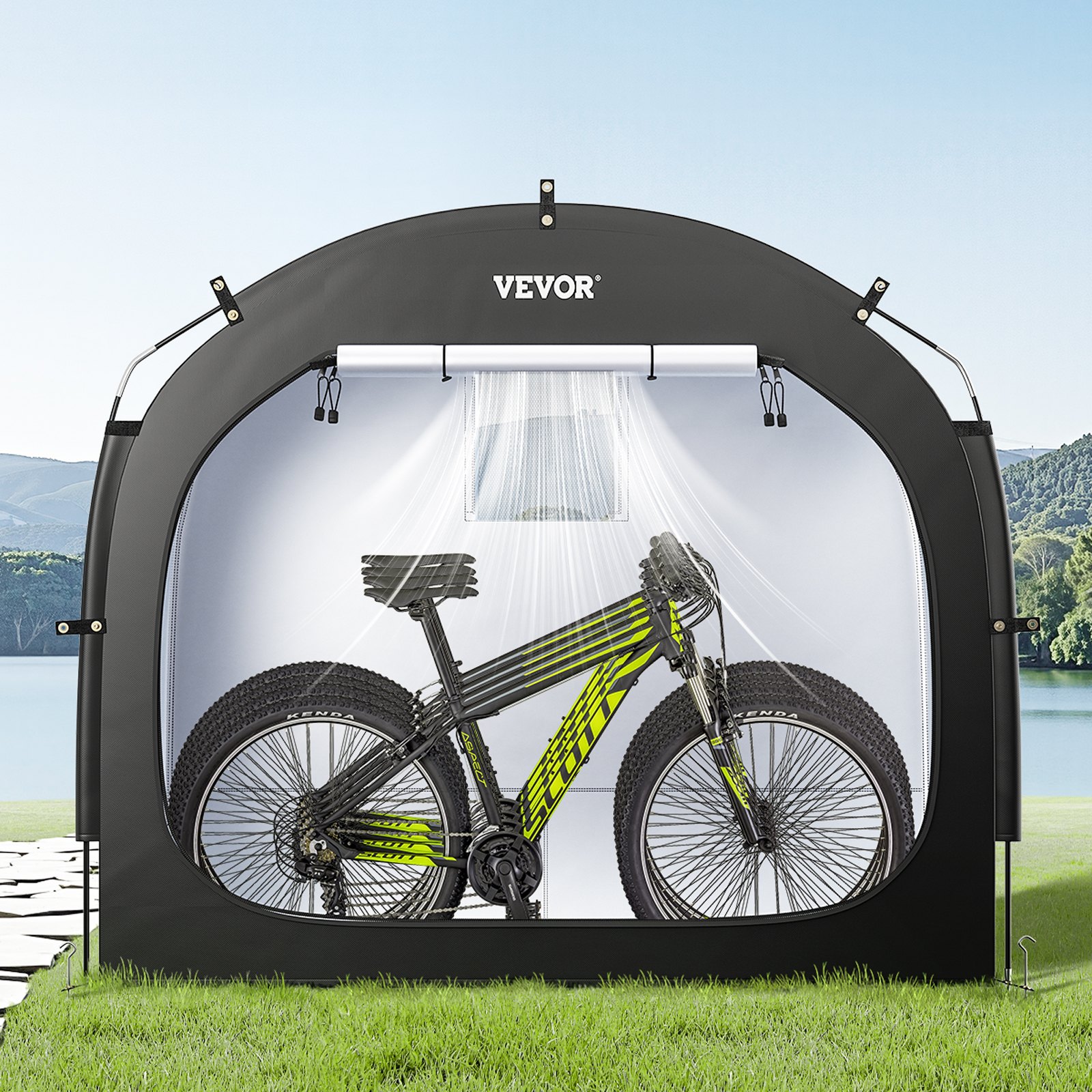 VEVOR Spaziosa Tenda per Riporre le Bici all'Aperto con Finestra Ventilata, Tenda Impermeabile Arco Superiore con Fibra di Vetro e Doppie Cerniere Nero da 4 a 5 Bici 2260 x 1510 x 1970 mm