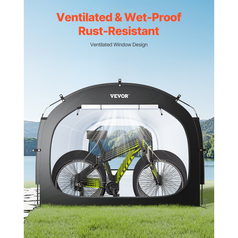 VEVOR Spaziosa Tenda per Riporre le Bici all'Aperto con Finestra Ventilata, Tenda Impermeabile Arco Superiore con Fibra di Vetro e Doppie Cerniere da 5 Bici, 2240 x 2470 x 1980 mm Nero