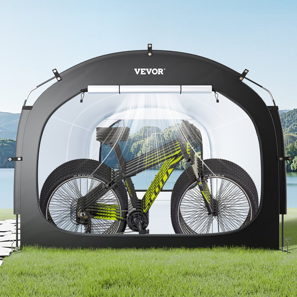 VEVOR Spaziosa Tenda per Riporre le Bici all'Aperto con Finestra Ventilata, Tenda Impermeabile Arco Superiore con Fibra di Vetro e Doppie Cerniere da 5 Bici, 2240 x 2470 x 1980 mm Nero