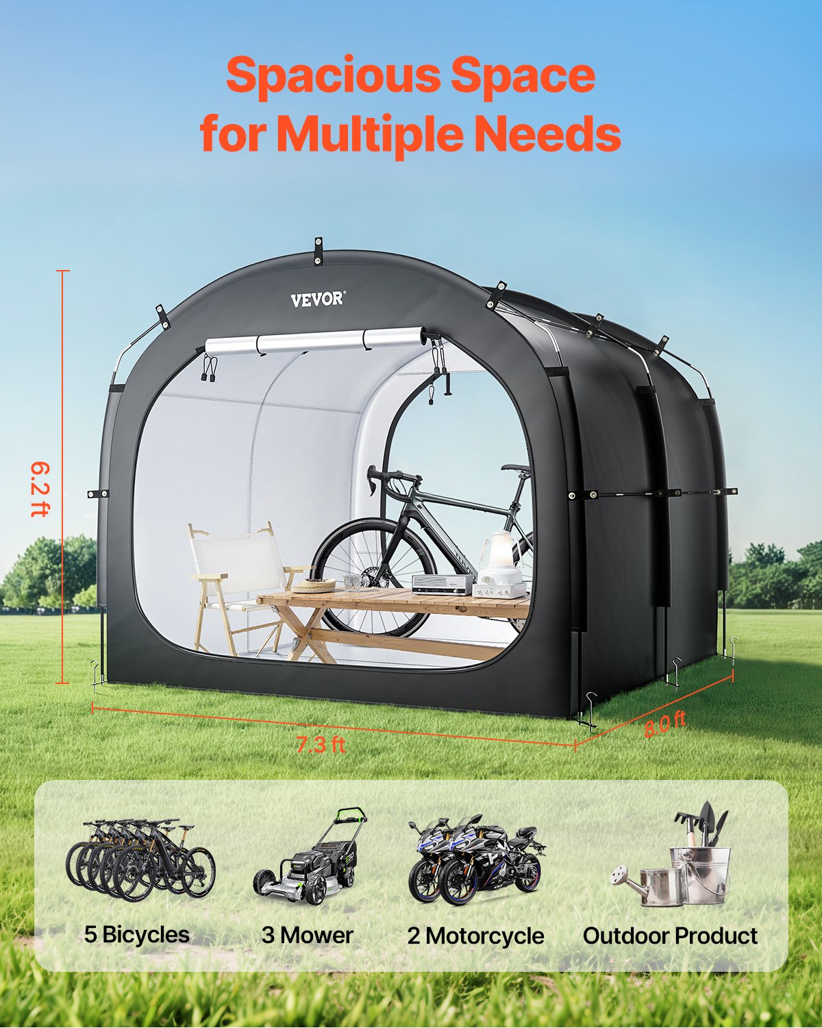 VEVOR Spaziosa Tenda per Riporre le Bici all'Aperto con Finestra Ventilata, Tenda Impermeabile Arco Superiore con Fibra di Vetro e Doppie Cerniere da 5 Bici, 2240 x 2470 x 1980 mm Nero