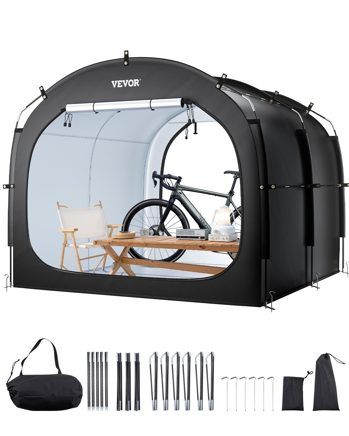 VEVOR Spaziosa Tenda per Riporre le Bici all'Aperto con Finestra Ventilata, Tenda Impermeabile Arco Superiore con Fibra di Vetro e Doppie Cerniere da 5 Bici, 2240 x 2470 x 1980 mm Nero