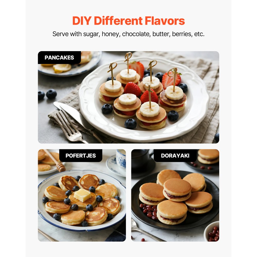 VEVOR Mini Pancake Maker, 25PCS 43mm Diameter Dutch Muffin Waffle Baker, Non-stick Stainless Steel Poffertjes Grill, Commercial Electric Dorayaki Machine, Temp & Time Control, Home Kitchen Restaurant