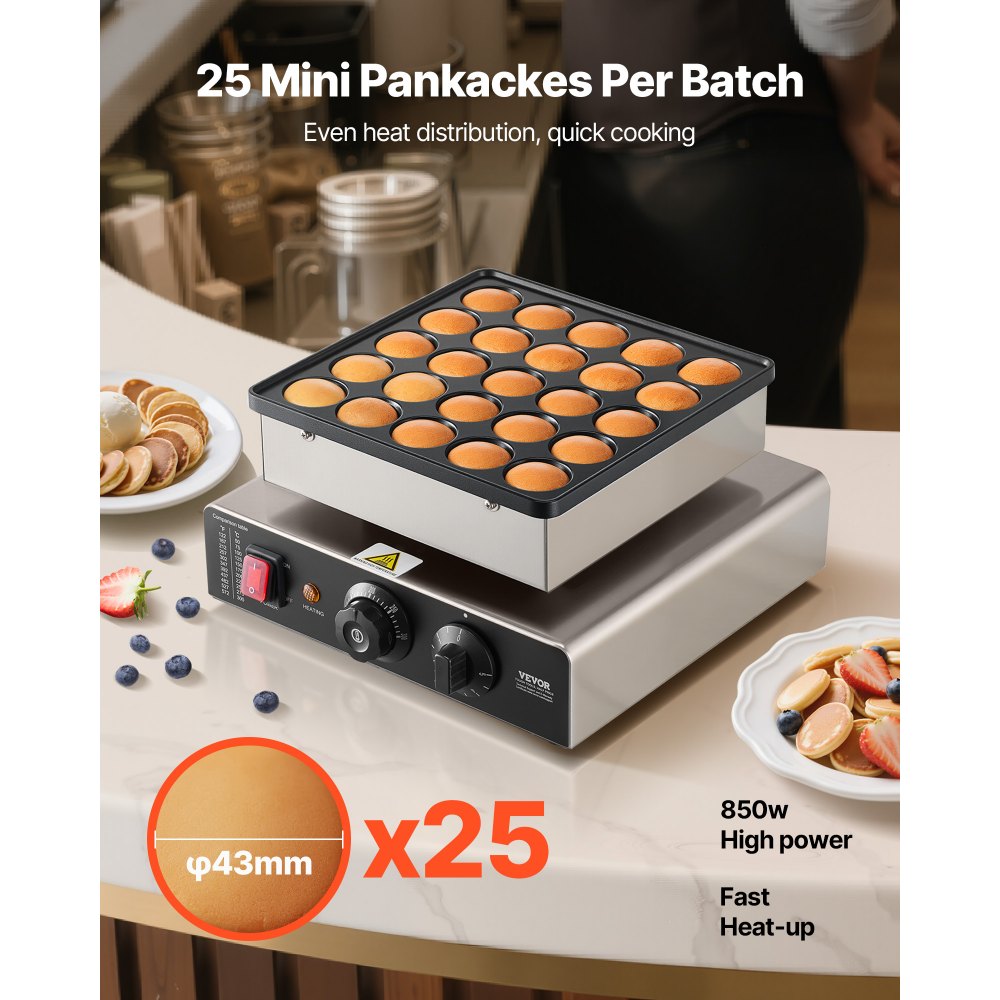 VEVOR Mini Macchina di Pancake, 25 Piastre per Waffle e Muffin da 43 mm di Diametro, Griglia Antiaderente in Acciaio Inox, Controllo Temperatura e Tempo, Cucina di Casa e Ristorante