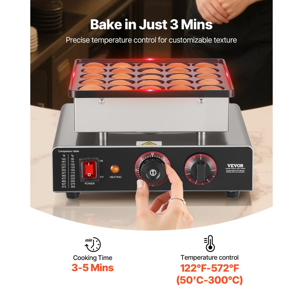 VEVOR Mini Macchina di Pancake, 25 Piastre per Waffle e Muffin da 43 mm di Diametro, Griglia Antiaderente in Acciaio Inox, Controllo Temperatura e Tempo, Cucina di Casa e Ristorante