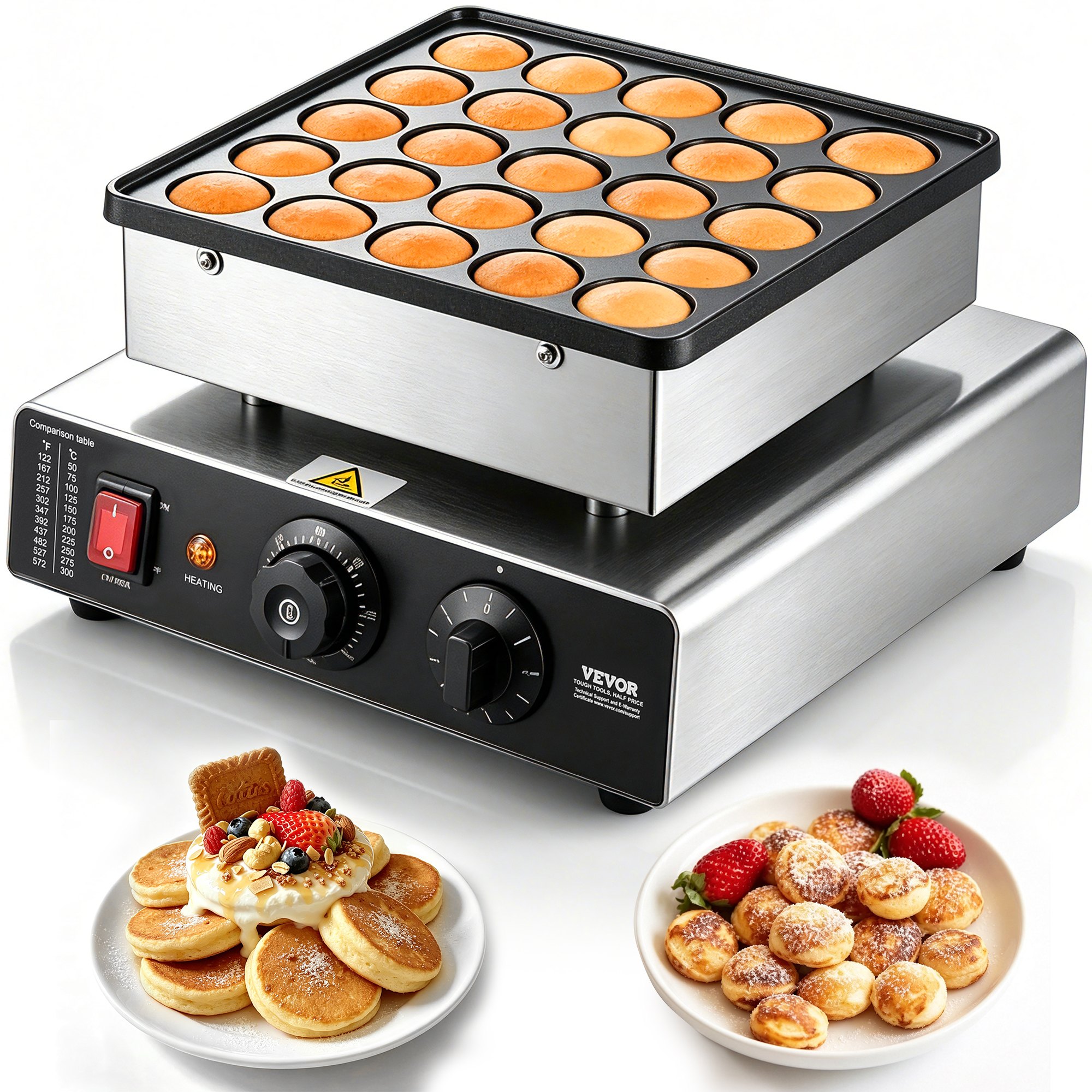 VEVOR Mini Macchina di Pancake, 25 Piastre per Waffle e Muffin da 43 mm di Diametro, Griglia Antiaderente in Acciaio Inox, Controllo Temperatura e Tempo, Cucina di Casa e Ristorante