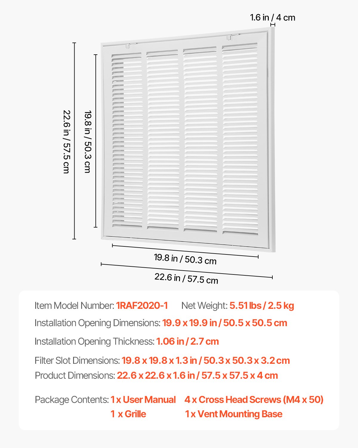 VEVOR ventilation grille, suitable for installation opening (50.5 x 50.5 cm), filter NOT included, wall-mounted exhaust grille, powder-coated steel return air grille