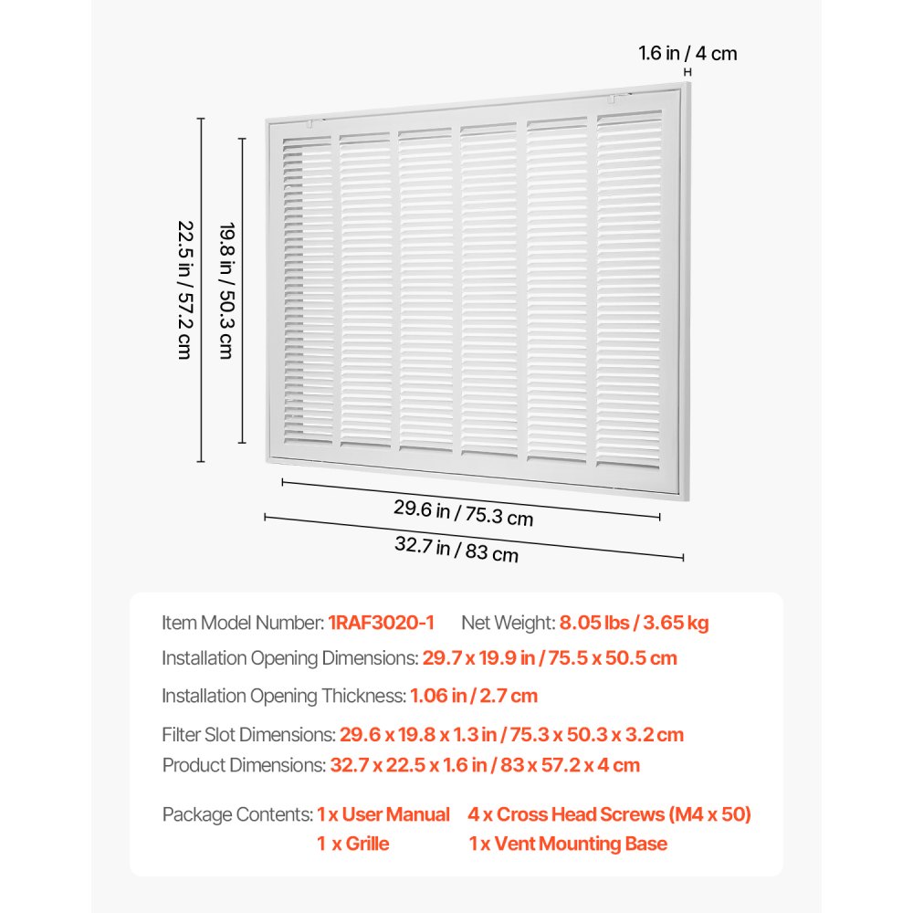 VEVOR ventilation grille 83x57.2x4 cm, suitable for installation opening of 75.5x50.5 cm, filter NOT included, exhaust grille for wall, return air grille made of steel