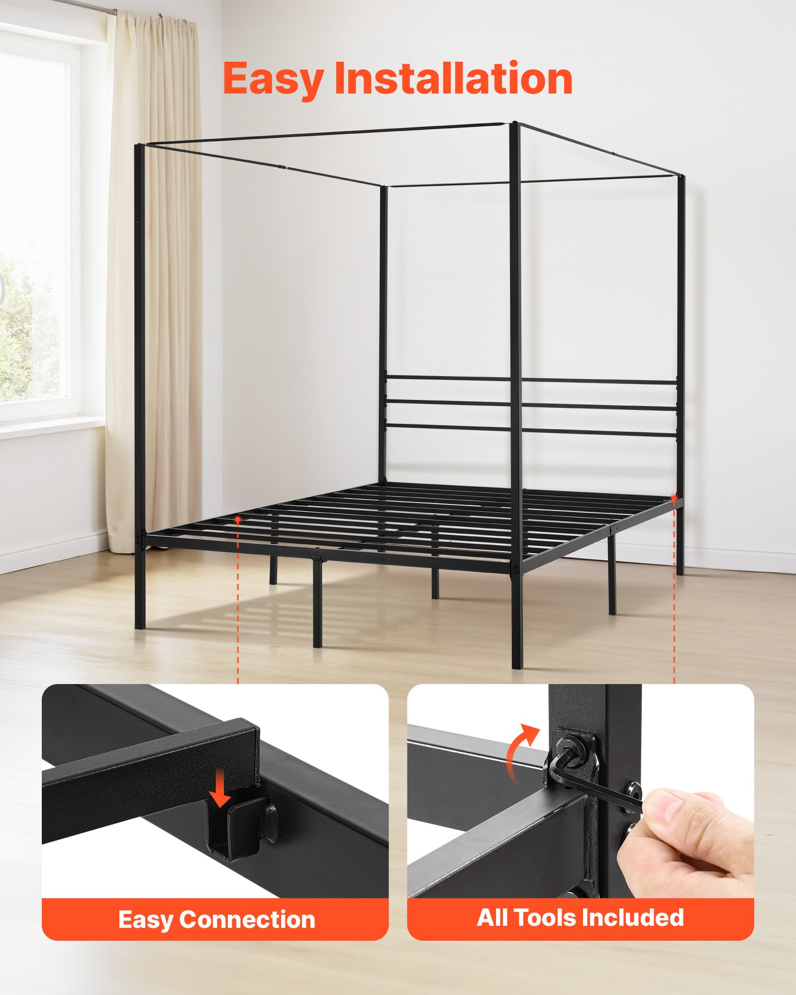 VEVOR Letto a Baldacchino Matrimoniale, Letto in Metallo con Testiera Minimalista e Design a Baldacchino, Robusto Supporto a Doghe in Acciaio Quadrate, Non Necessita di Materasso a Molle, Nero