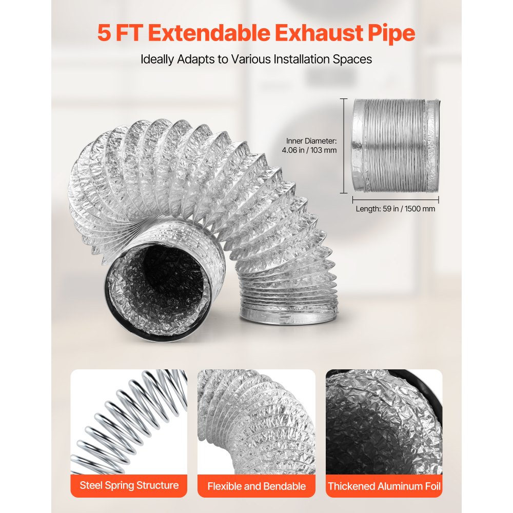 VEVOR Kit di Sfiato per Asciugatrice Interna, con Secchio per Asciugatrice Elettrica con Tubo di Scarico Estensibile da 101,6 x 1500 mm, Qualità Premium e Peso Leggero, per Appartamenti e Camper