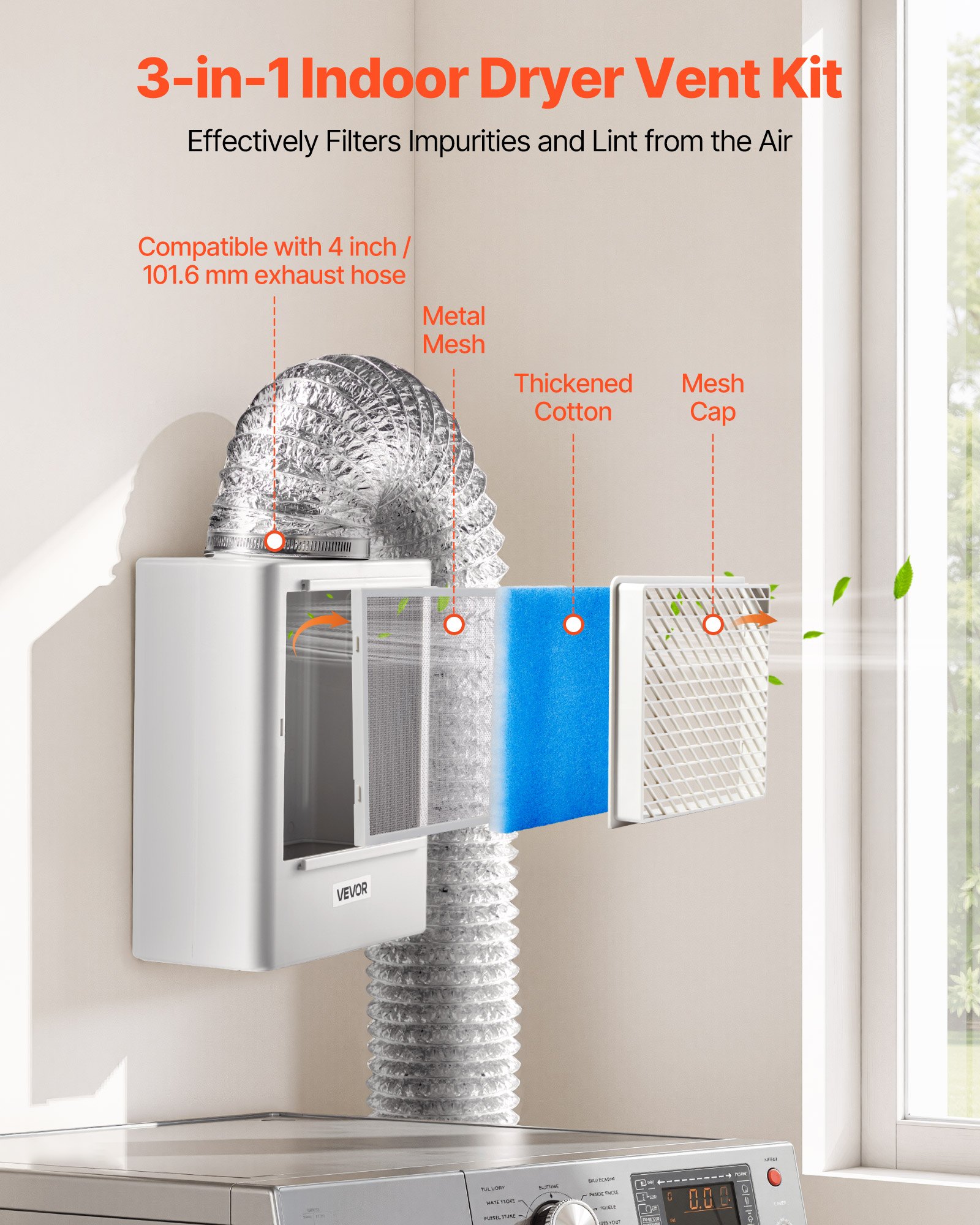 VEVOR 3-in-1 Indoor Dryer Vent Kit,Premium ABS Material Fits 99 mm Exhaust Port, Smart Overheating Reminder Exhaust Hood & Easy Detach Mesh Cap & Multi-layer Purification with 4 Replacement Pads