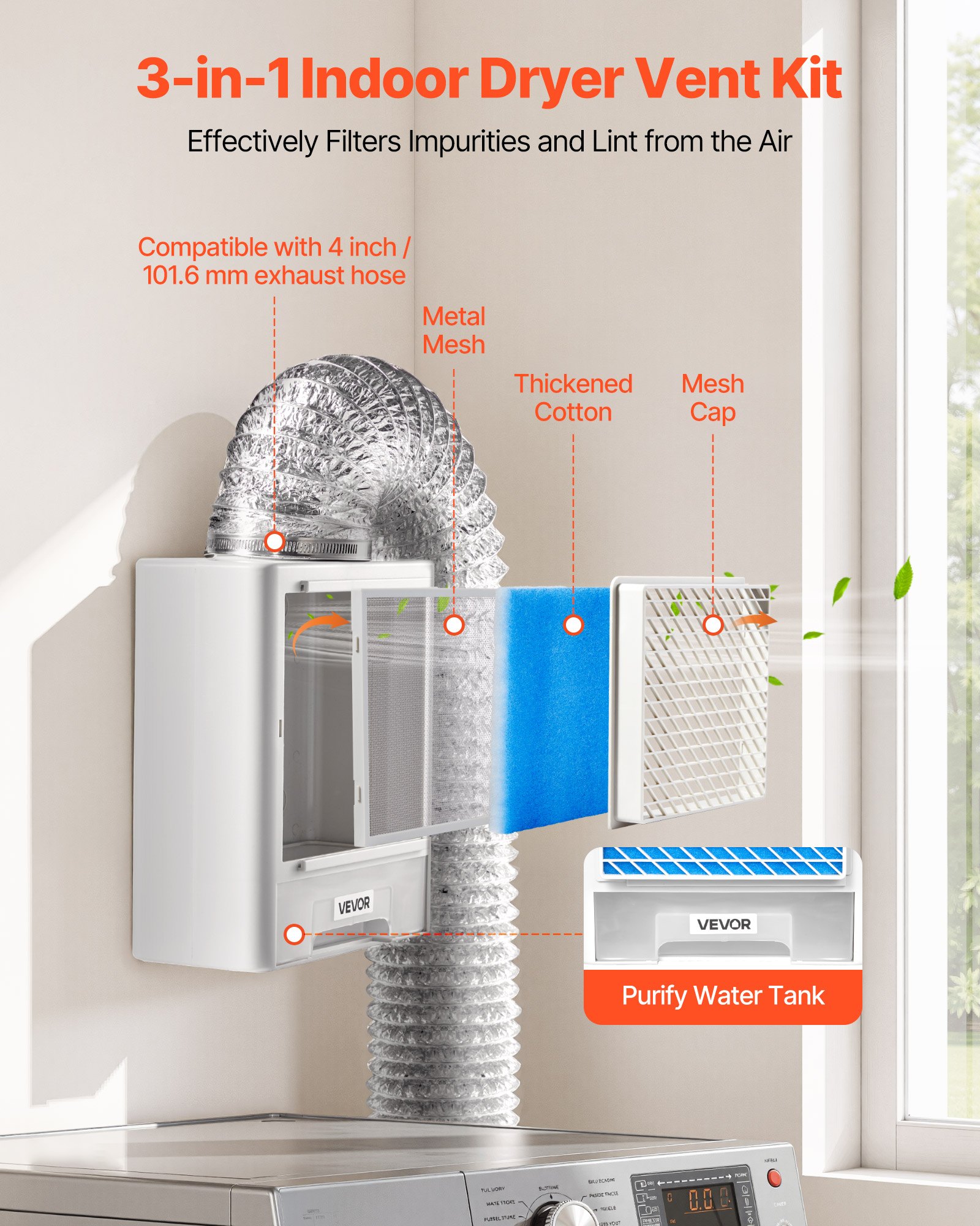 VEVOR 3-in-1 Indoor Dryer Vent Kit,Premium ABS Material with Water Drawer Fits 99 mm Exhaust Port, Smart Overheating Reminder Exhaust Hood & with 4 Purification Pads,For Electric Clothes Dryers