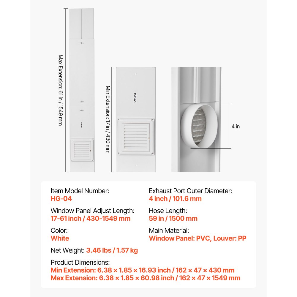 VEVOR Kit per Finestra di Sfiato dell'Asciugatrice, Adatto a Tubi di Scarico da 101,6 mm, Lunghezza Regolabile per Finestre Scorrevoli di Diverse Altezze, Materiali in PVC e PP, Tenuta Multistrato